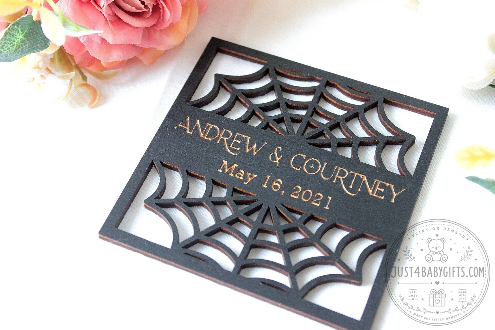 Halloween Decor Spider Web Coaster, Personalized Andrew and Courtney Wedding Favor