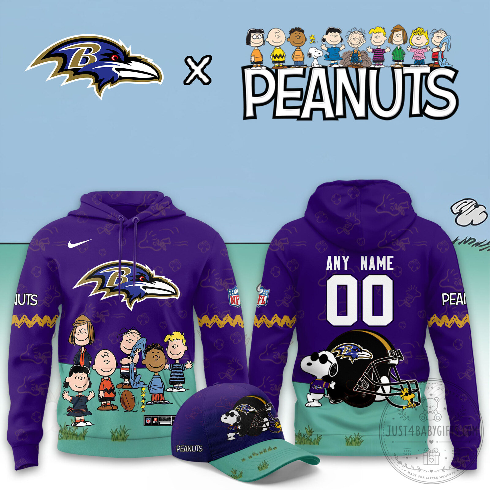 Baltimore Ravens Peanuts Snoopy Football Team Custom Name Number Hoodie