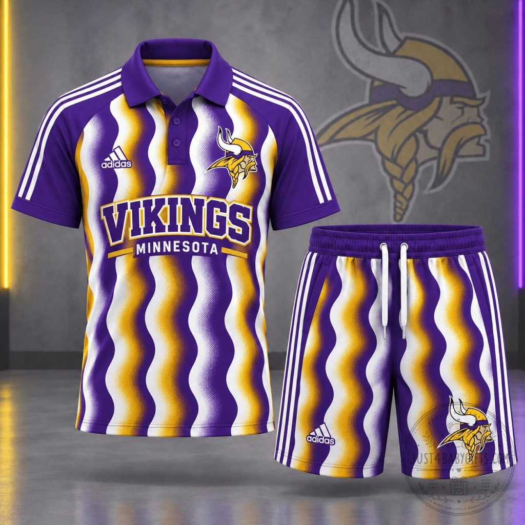 Minnesota Vikings Wavy Stripes Polo Shirt and Shorts Set Minnesota Vikings Wavy Stripes Polo Shirt and Shorts Set