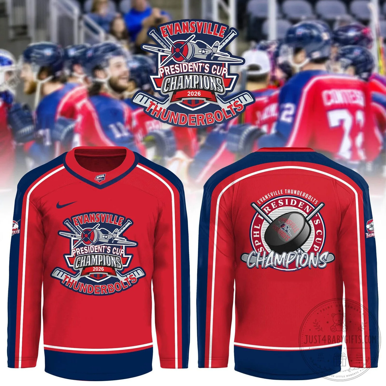 .Evansville Thunderbolts 2026 SPHL Presidents Cup Champions Limited Jersey v3