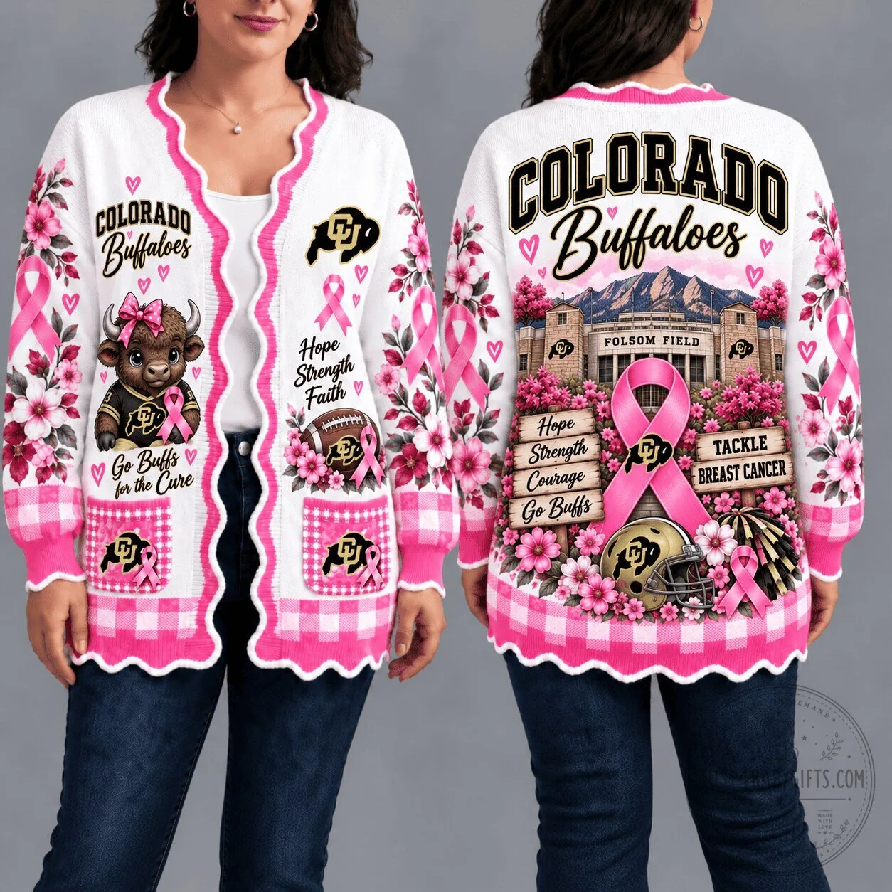 Colorado Buffaloes Breast Cancer Awareness Pink Floral Scalloped Cardigan