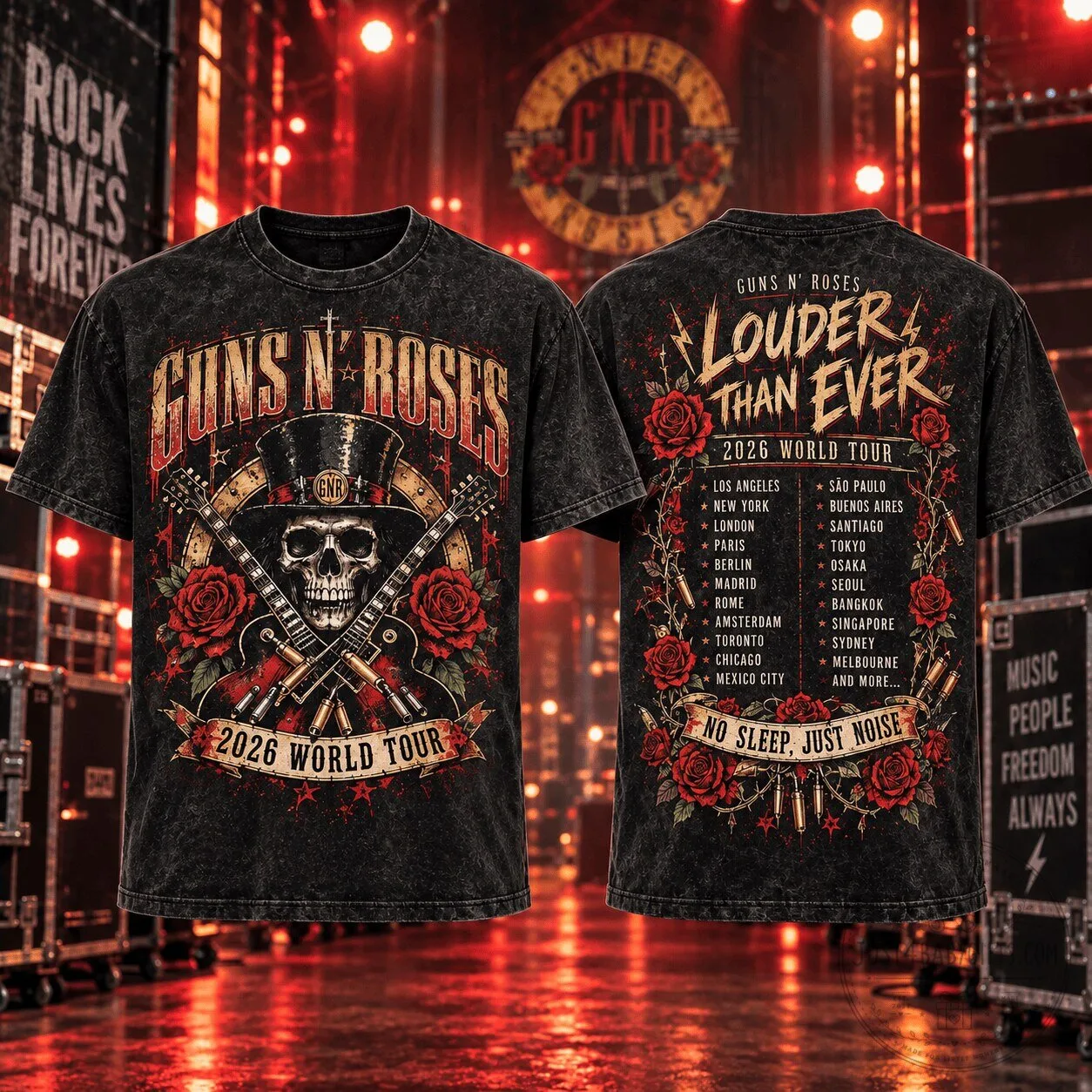 Guns N' Roses Louder Than Ever 2026 World Tour Skull and Roses T-Shirt