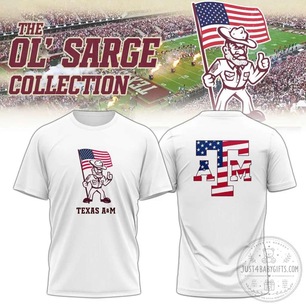 Texas A&M Aggies Ol' Sarge American Flag White T-Shirt Texas A&M Aggies Ol' Sarge American Flag White T-Shirt