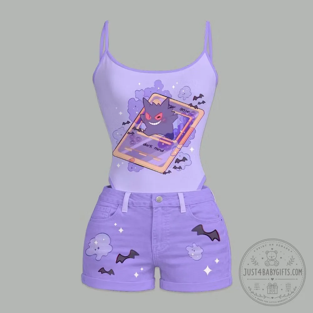 Pokemon Gengar Dark Mind Card Graphic Lavender Bodysuit and Shorts Set