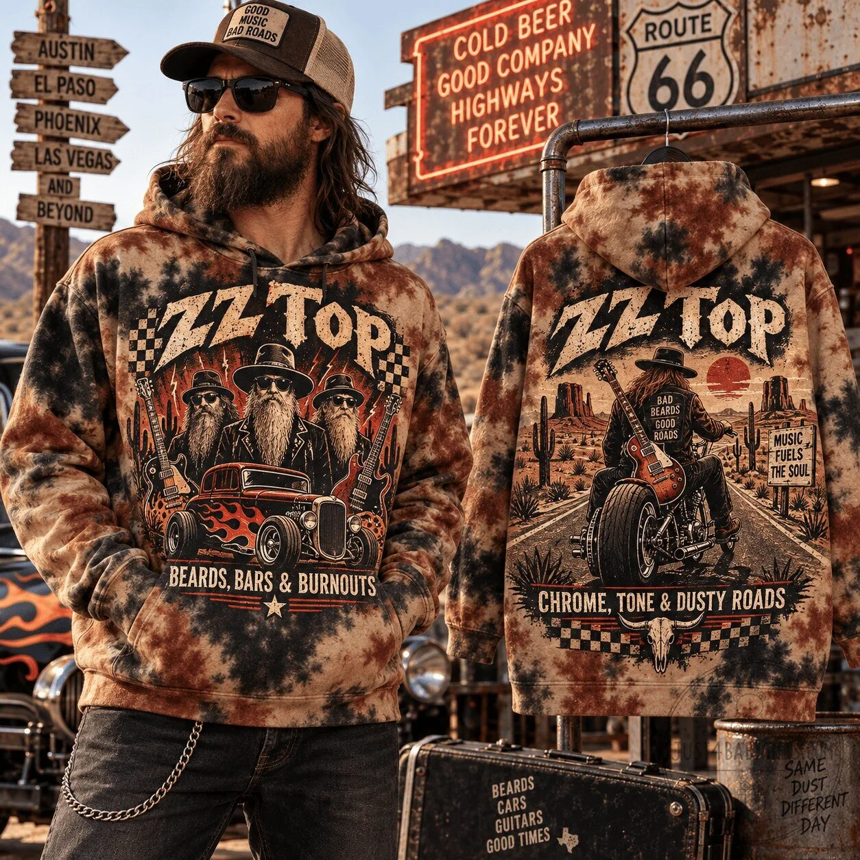 ZZ Top Beards Bars Burnouts Chrome Tone Dusty Roads Tie Dye Hoodie