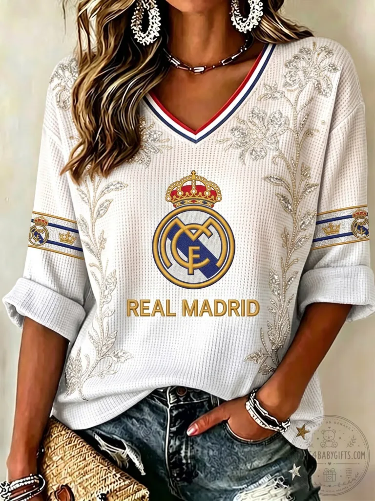 “The Lucky Me Tour” Footwear Style 2 by Hilary Duff 25 Real Madrid Soccer Club V-Neck Long Sleeve Shirt for Women