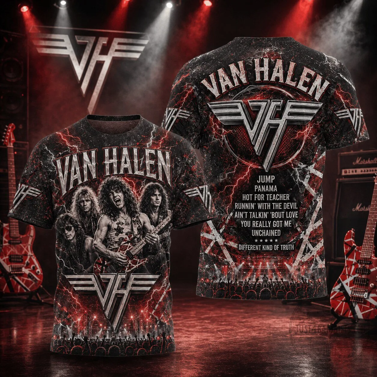 Van Halen Rock Band Shirt, Lightning Red Black Photo Classic Rock Music T-Shirt