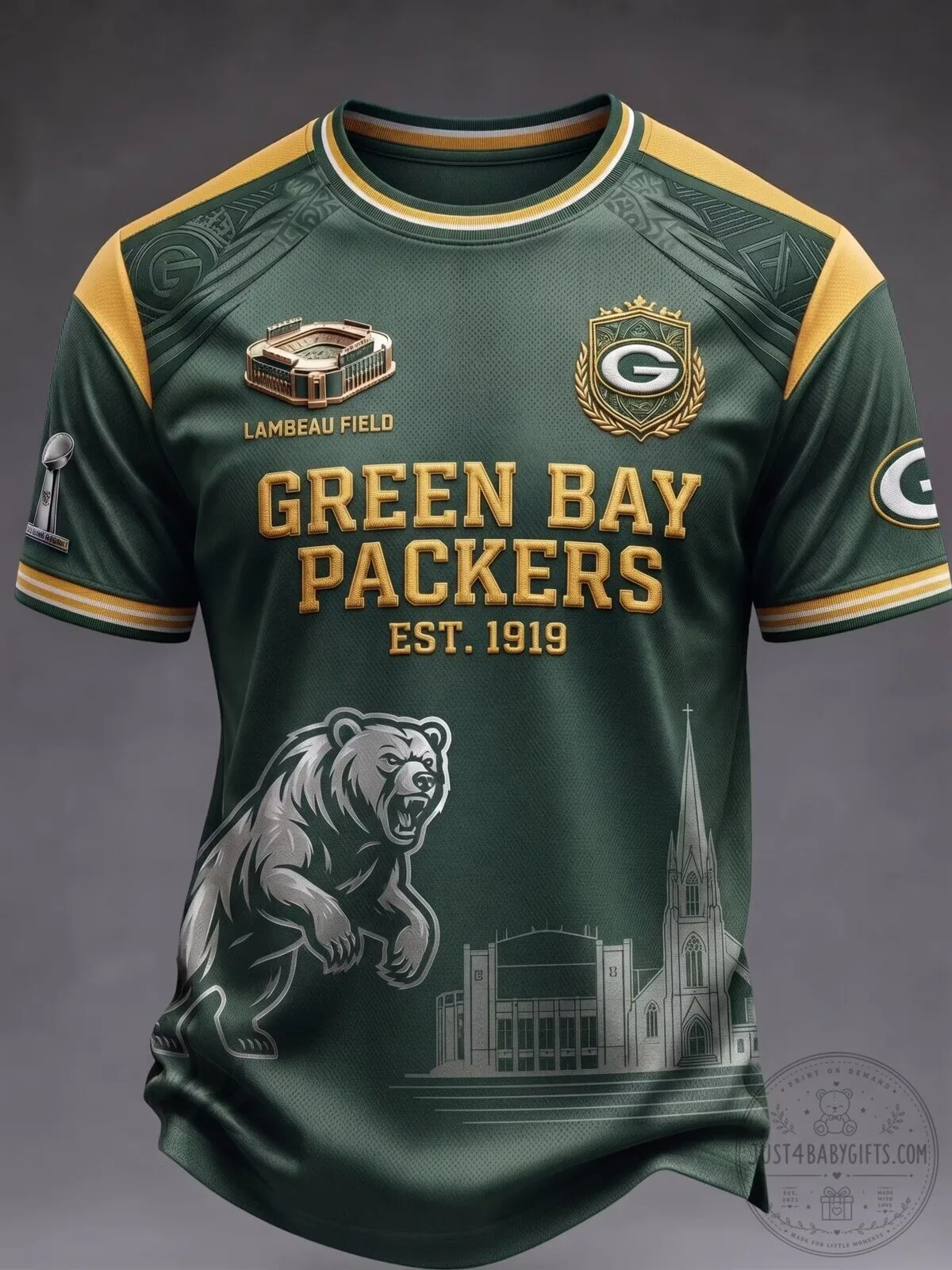 Green Bay Packers Fan Shirt Football Jersey with Lambeau Field and Bear Design 1 Green Bay Packers Fan Shirt Football Jersey with Lambeau Field and Bear Design