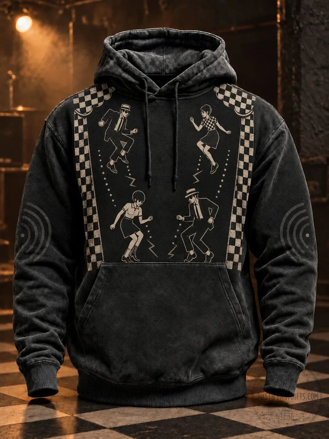 Ska Revival Checkered Pattern Dancing Couple Graphic Hoodie