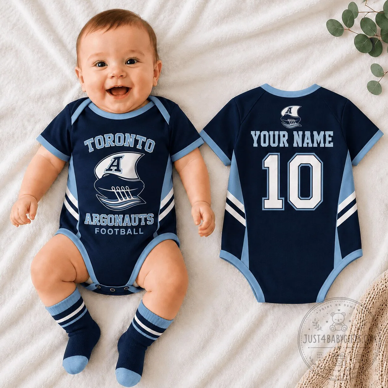 Toronto Argonauts Football Team Custom Name and Number Baby Romper