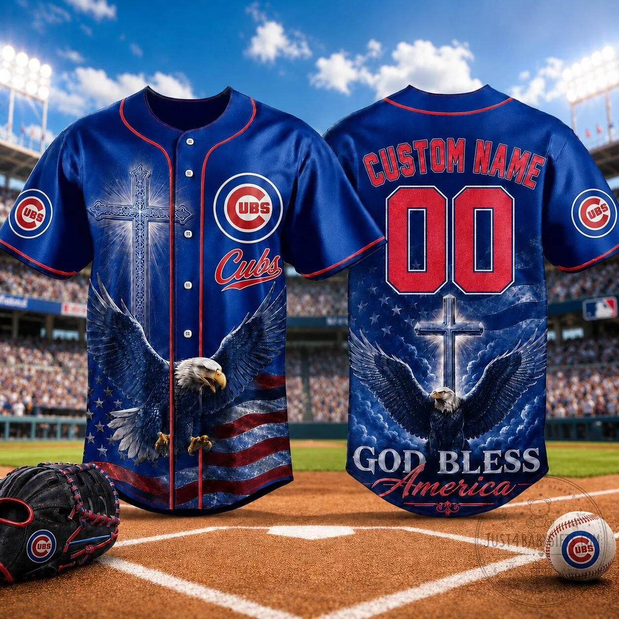 Chicago Cubs Baseball Personalized Patriotic Eagle Cross Blue Jersey