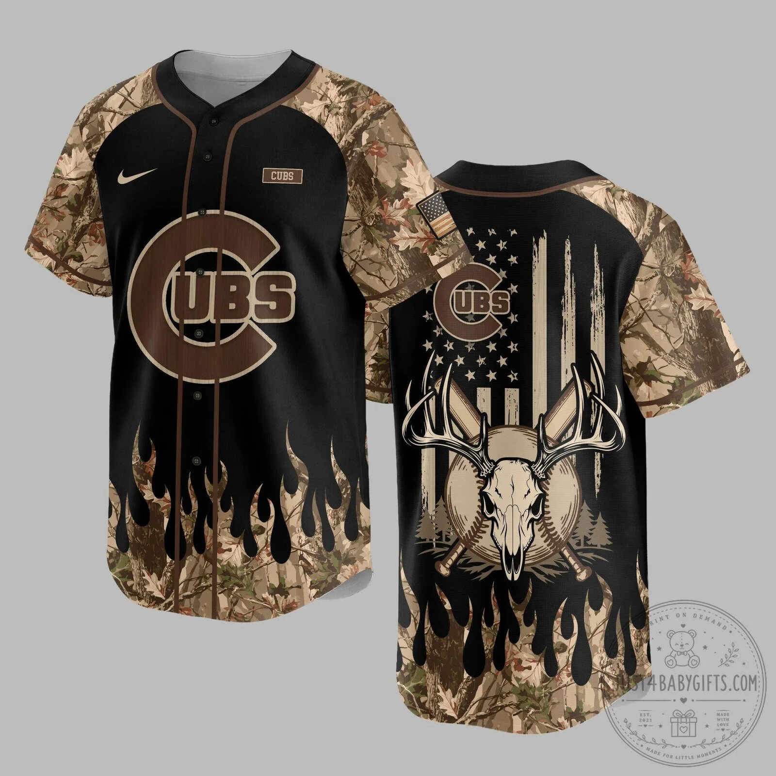 Chicago Cubs Baseball Hunting Camouflage Skull Deer Antlers Jersey