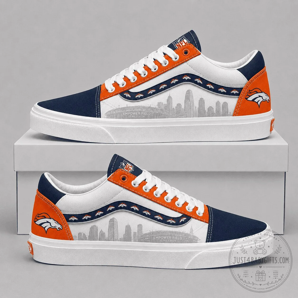 Denver Broncos NFL Team Logo Skyline White Orange Blue Shoes