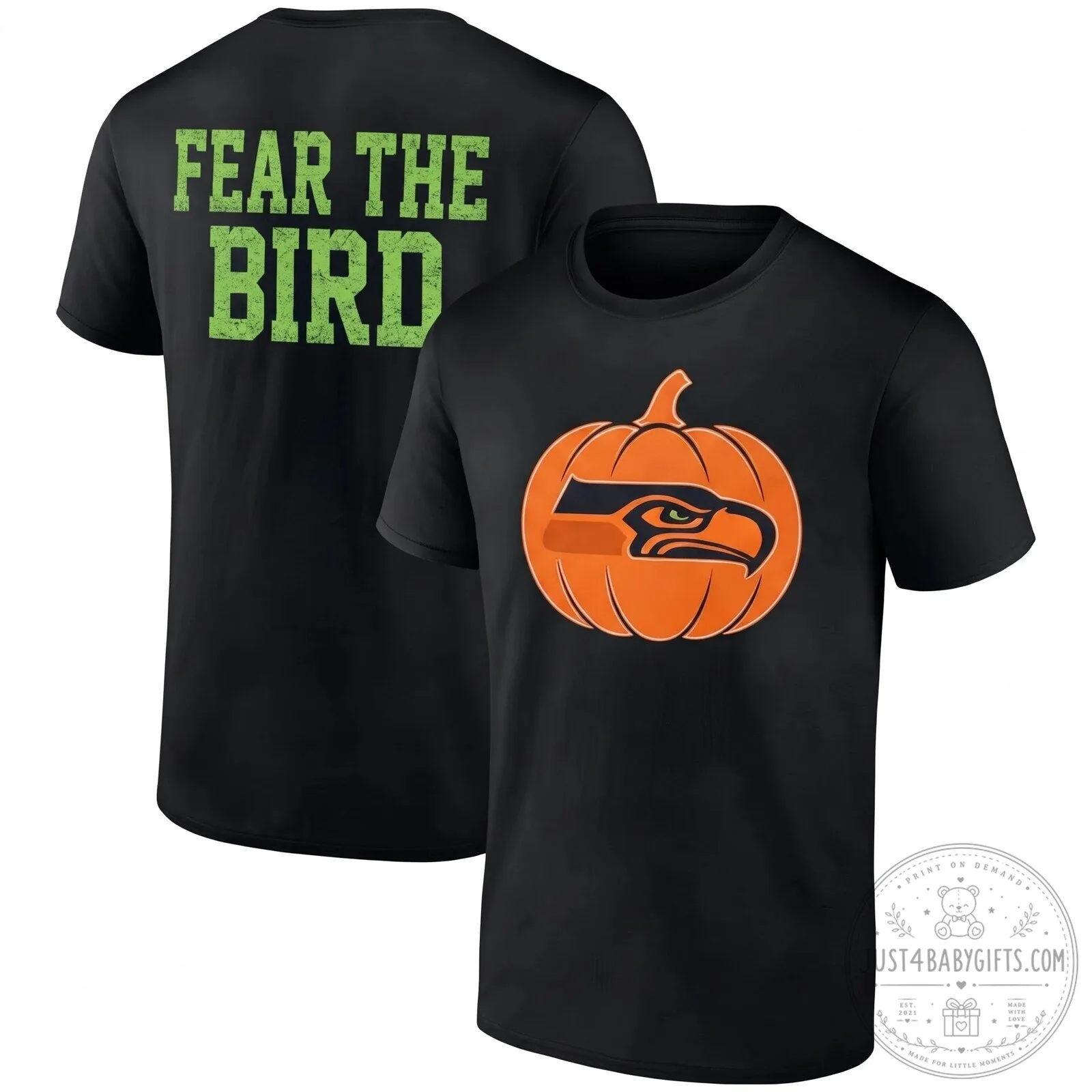 Seattle Seahawks Halloween Pumpkin Logo Fear The Bird Black T-Shirt