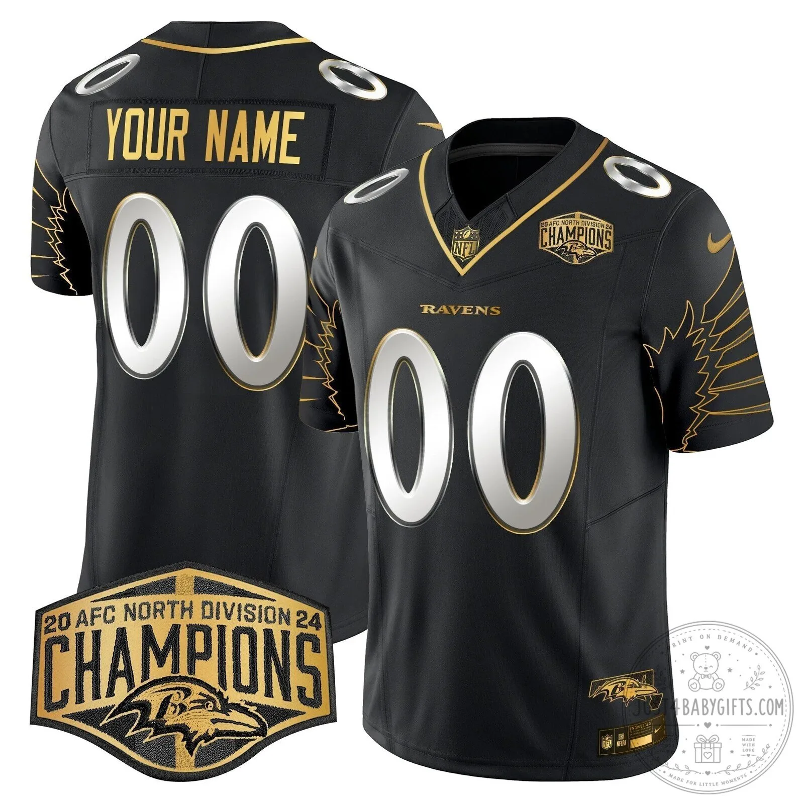 Baltimore Ravens 2024 AFC North Division Champions Black Gold Stitched Football Jersey