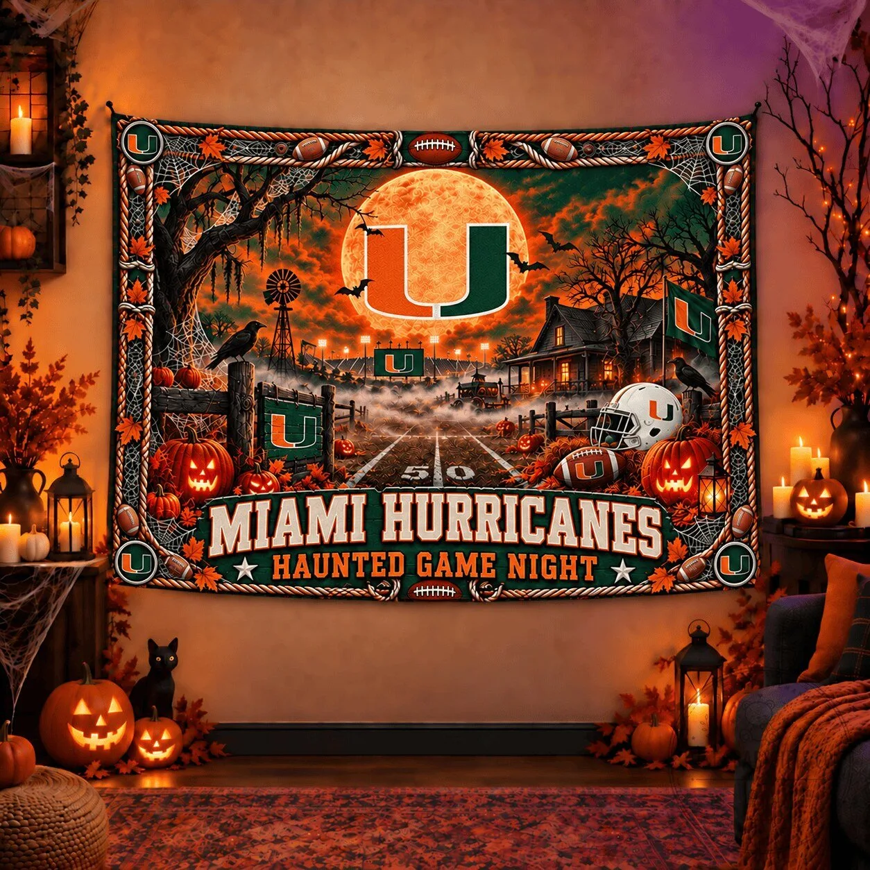 Miami Hurricanes Haunted Game Night Halloween Wall Tapestry