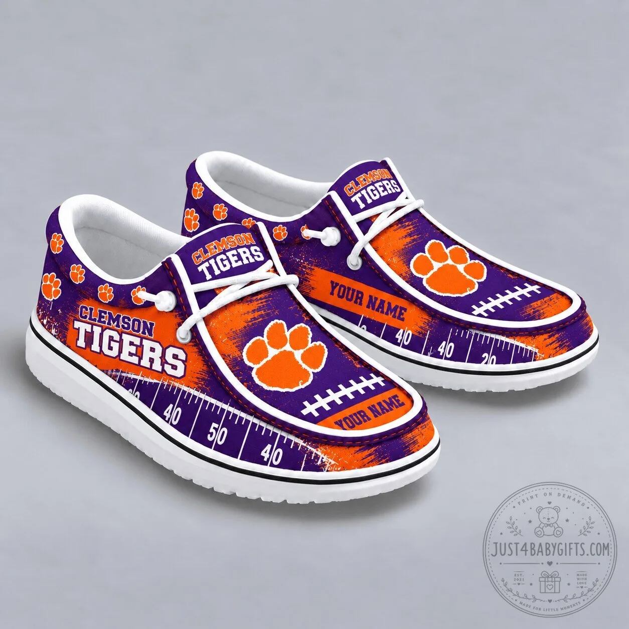 Clemson Tigers Football Field Personalized Orange Purple Shoes