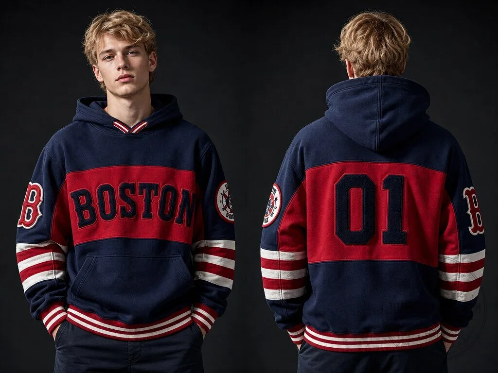 Boston Red Sox Number 01 Baseball Team Navy Blue Red White Striped Hoodie