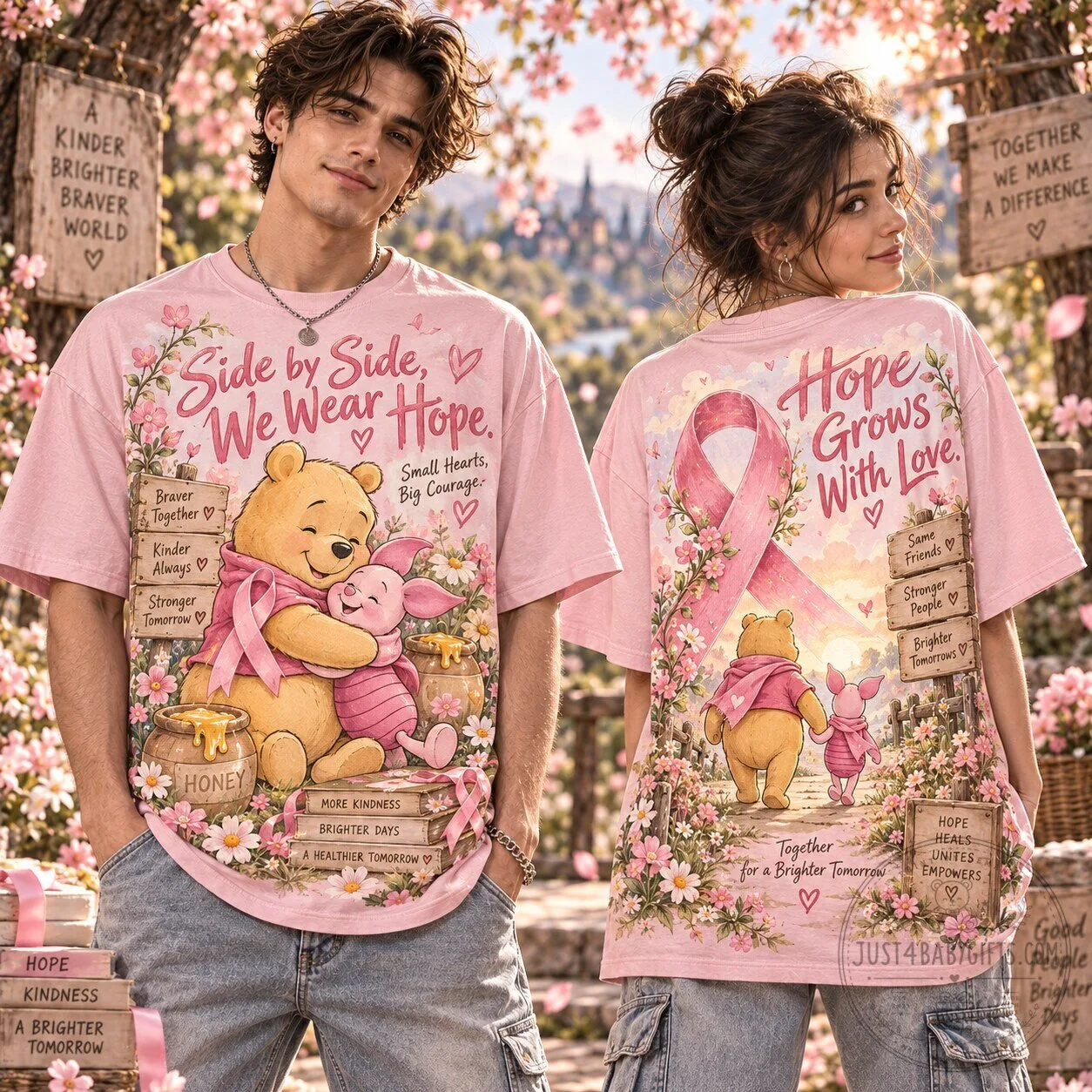 Winnie The Pooh And Piglet Breast Cancer Awareness Pink Ribbon T-Shirt