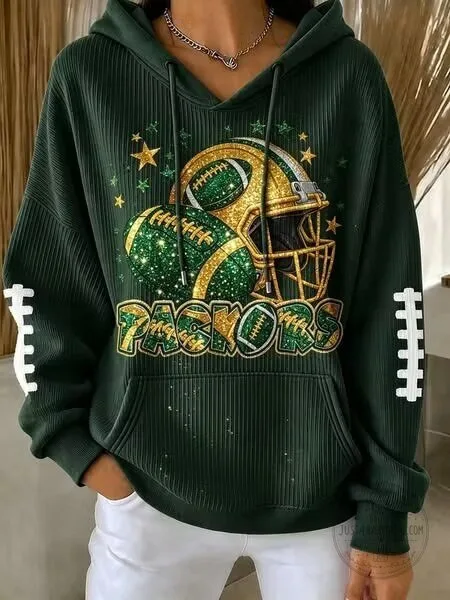 Green Bay Packers Glitter Football Helmet and Ball Dark Green Hoodie