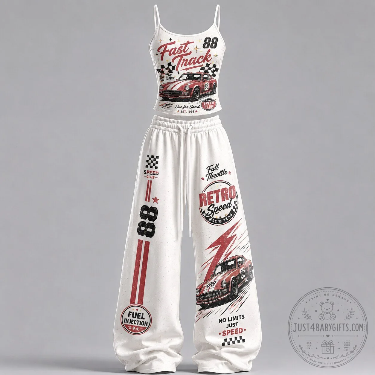 Retro Speed Racing Fast Track Cropped Tank Top and Wide Leg Pants Set