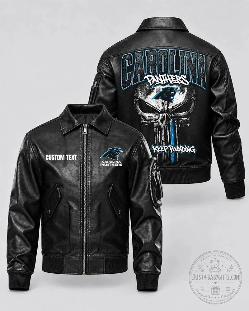 Carolina Panthers Skull Keep Pounding Custom Text Black Leather Jacket