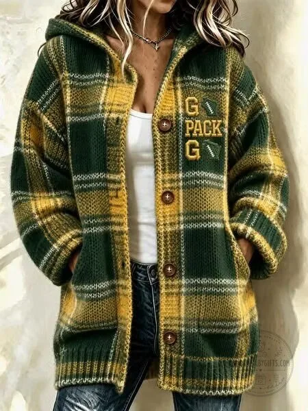 Green Bay Packers Plaid Hooded Cardigan Sweater for Women