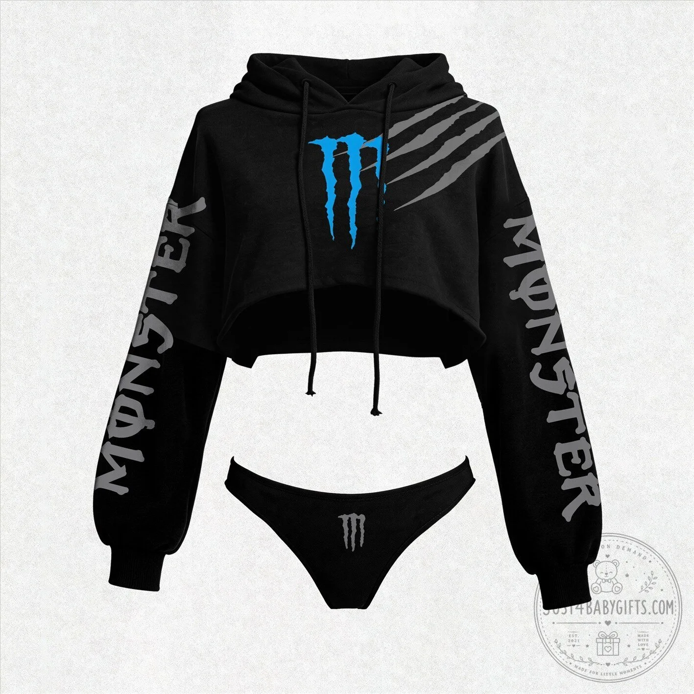 Monster Energy Drink Logo Cropped Hoodie and Thong Set for Women