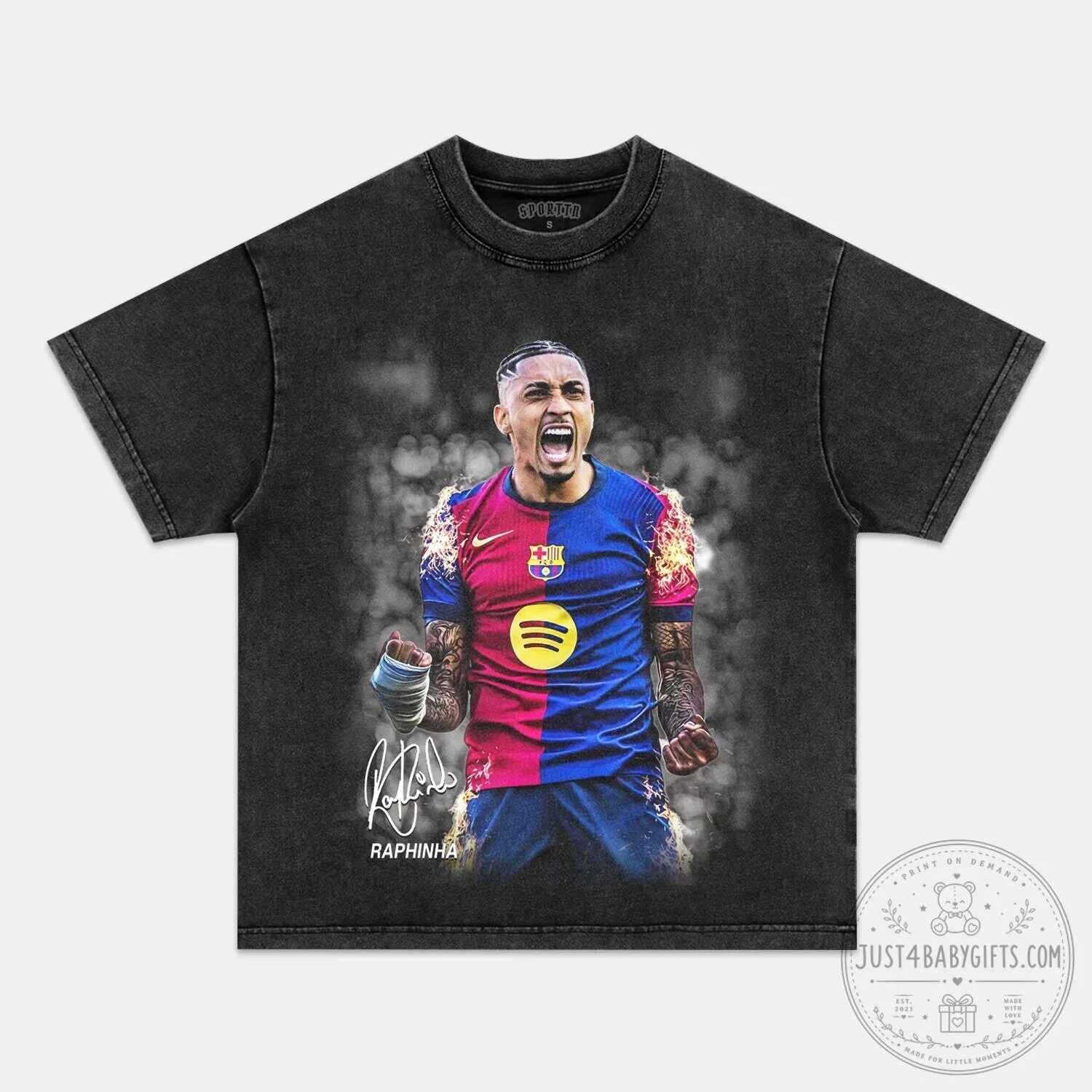 Raphinha Football Player Graphic Design Black Washed Cotton T-Shirt