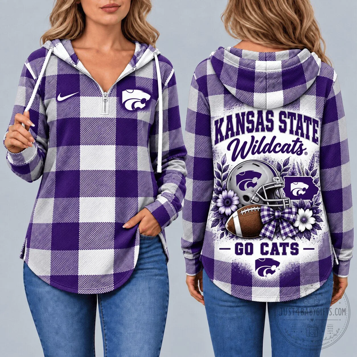Kansas State Wildcats Plaid Football Hoodie for Women - Vintage Game Day Pullover