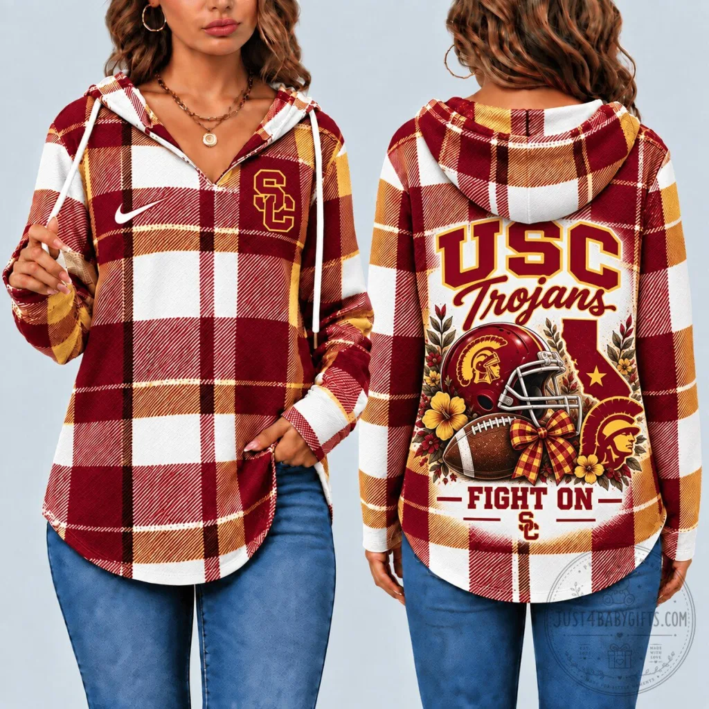USC Trojans Plaid Flannel Pullover Hoodie for Women, Vintage Game Day Apparel USC Trojans Plaid Flannel Pullover Hoodie for Women, Vintage Game Day Apparel