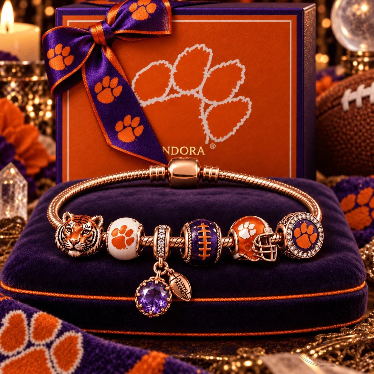 Clemson Tigers Football Charm Bracelet with Gold Accents