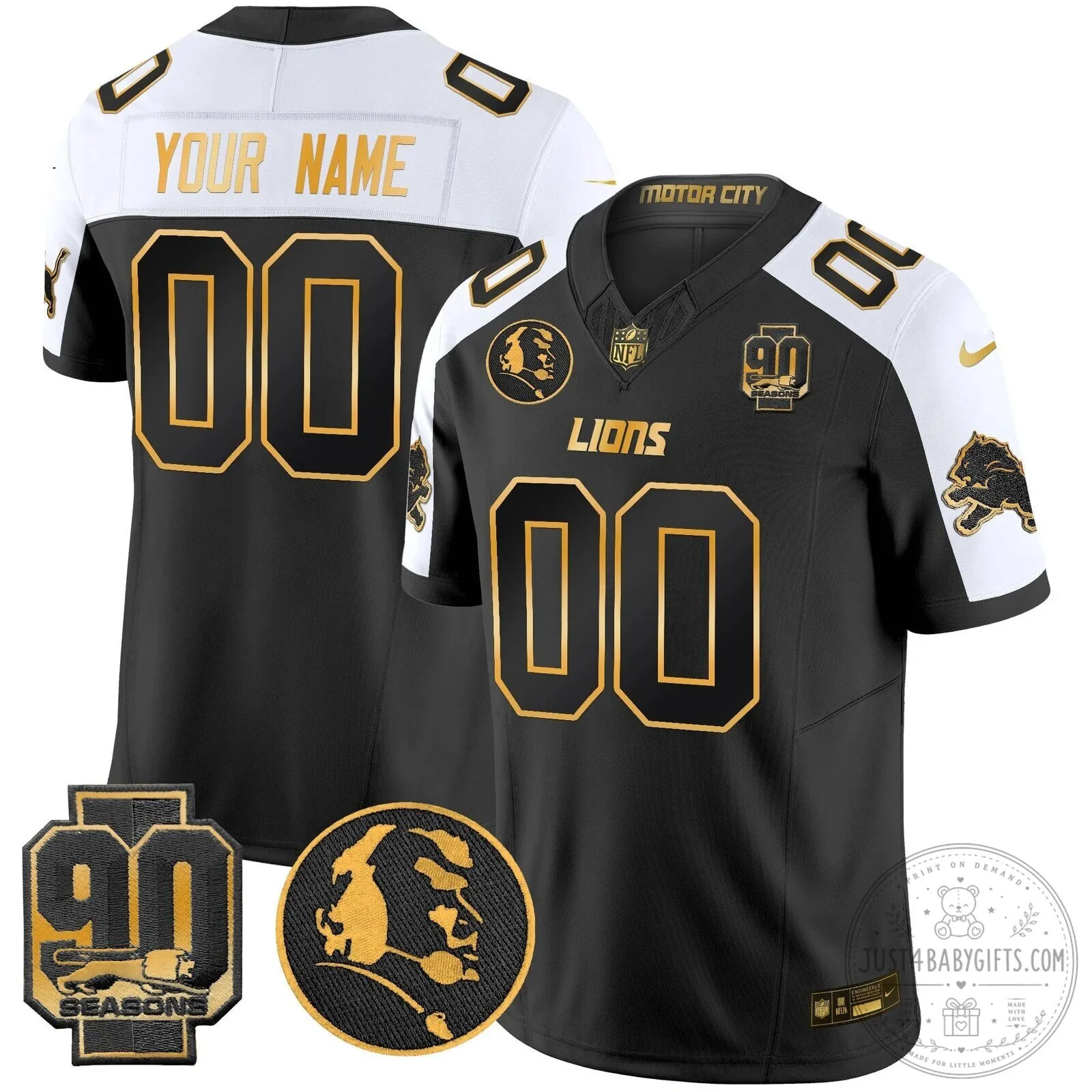 Detroit Lions 90th Season John Madden Patch Black Gold Football Jersey