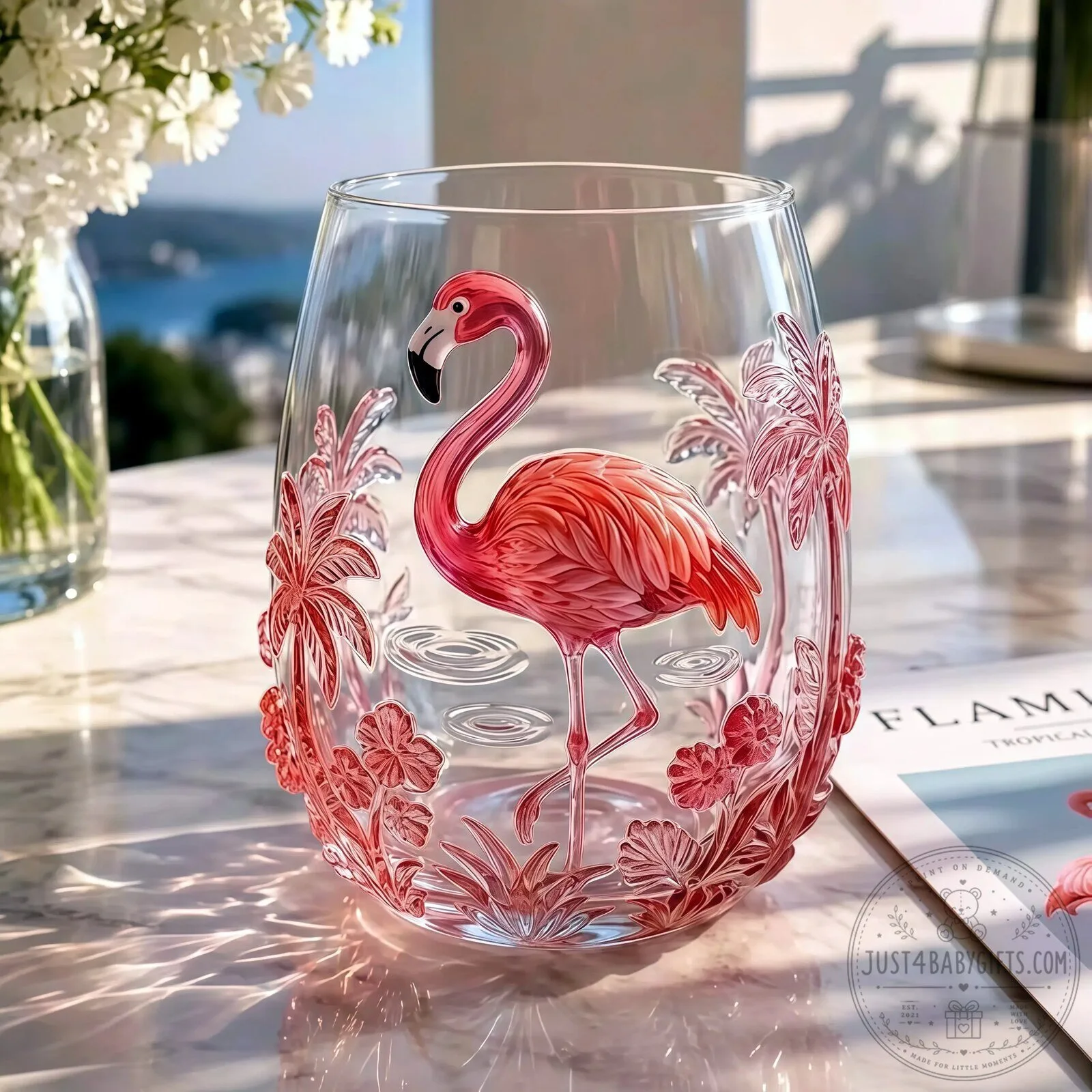 Pink Flamingo Tropical Palm Tree Stemless Wine Glass
