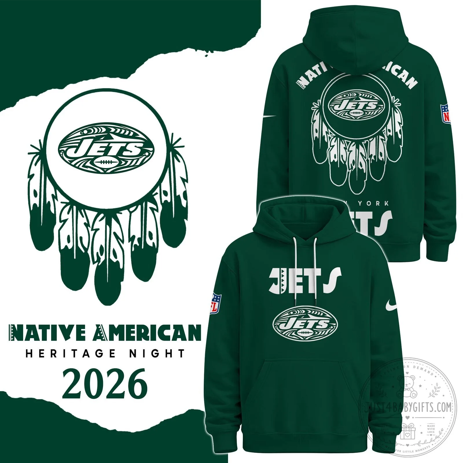 New York Jets Native American Heritage Night 2026 Green Hoodie