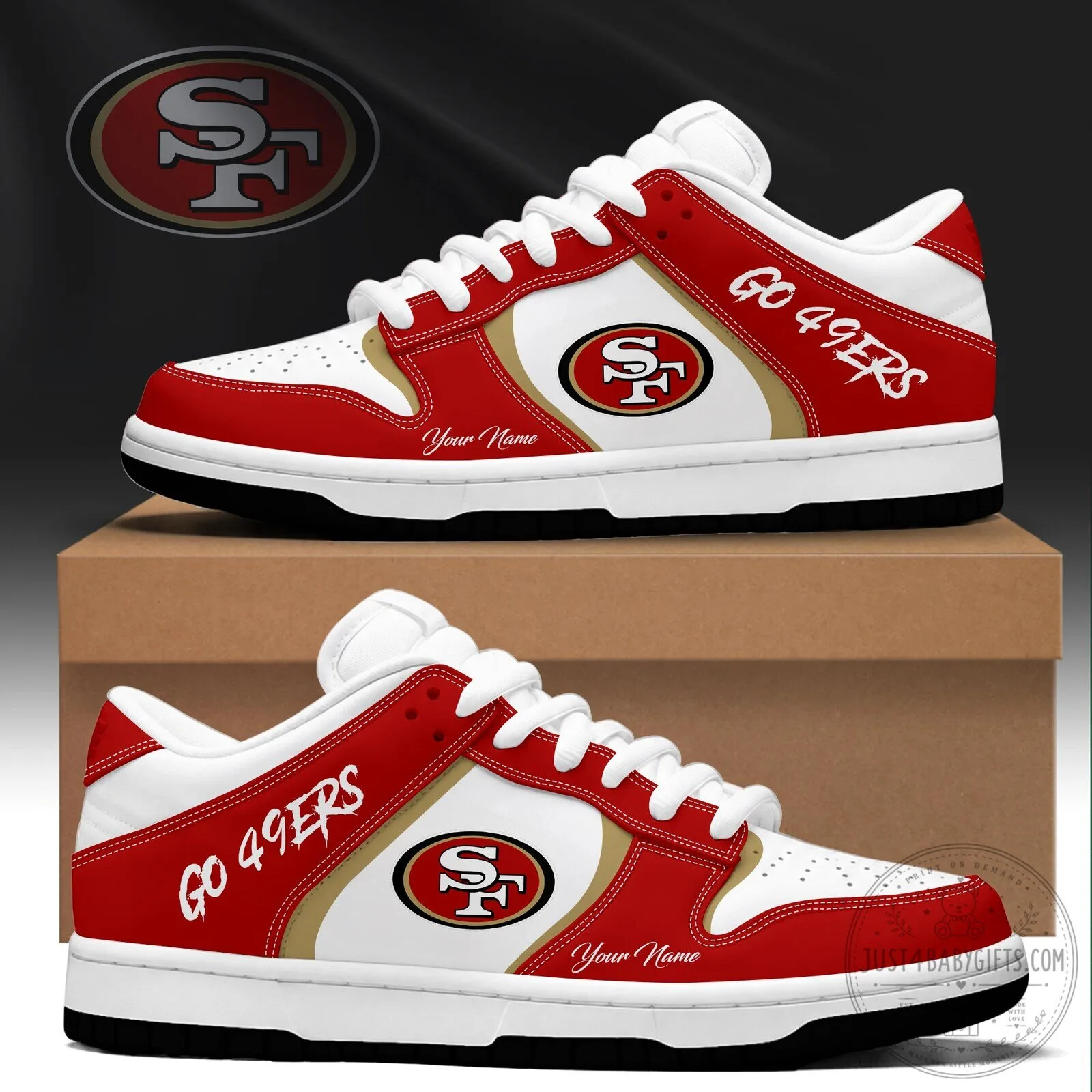 San Francisco 49ers NFL Football Team Custom Name White and Red Sneakers