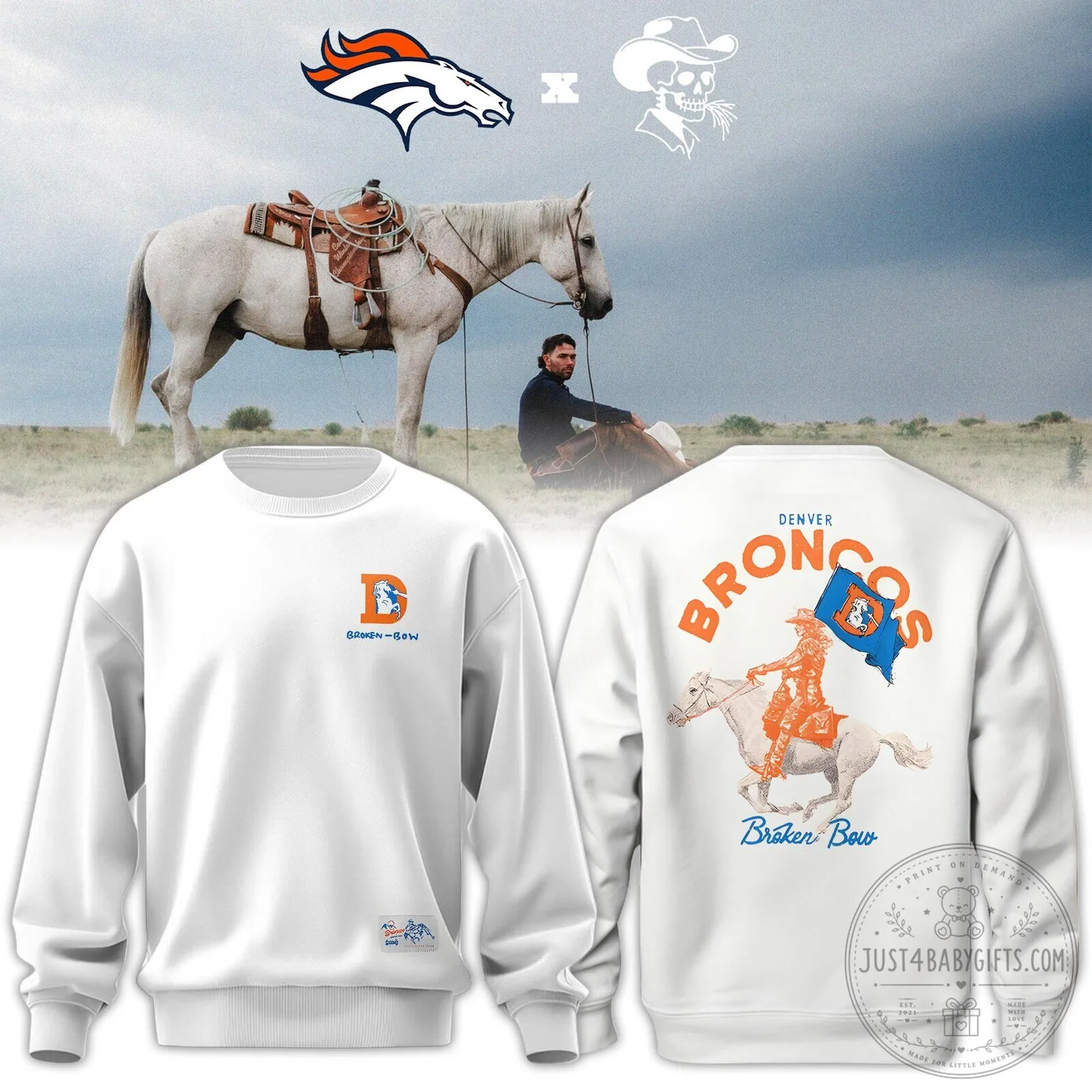 Denver Broncos Broken Bow White Crewneck Sweatshirt