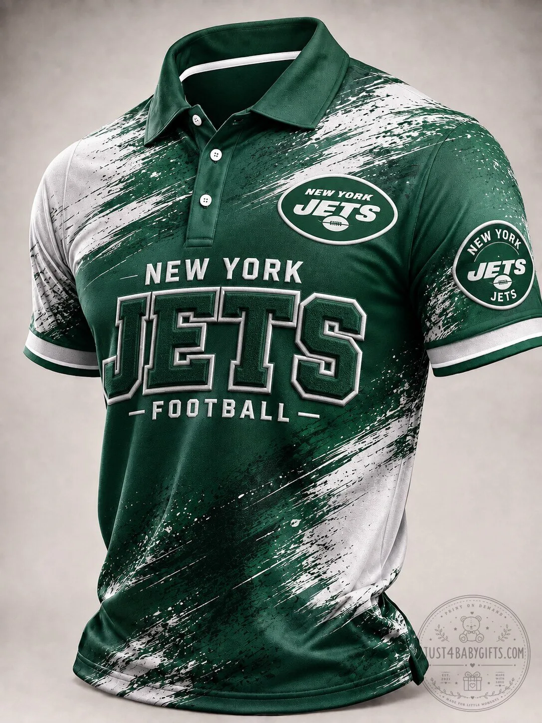 New York Jets Football Team Green and White Distressed Polo Shirt