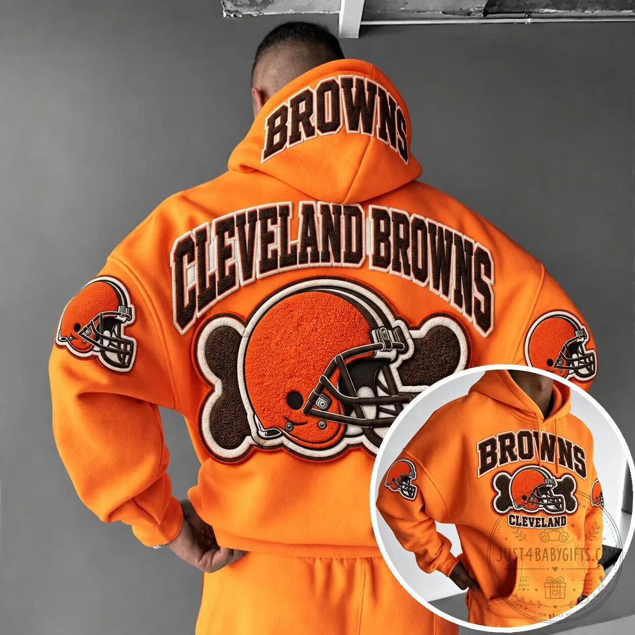Cleveland Browns Football Team Embroidered Orange Hoodie