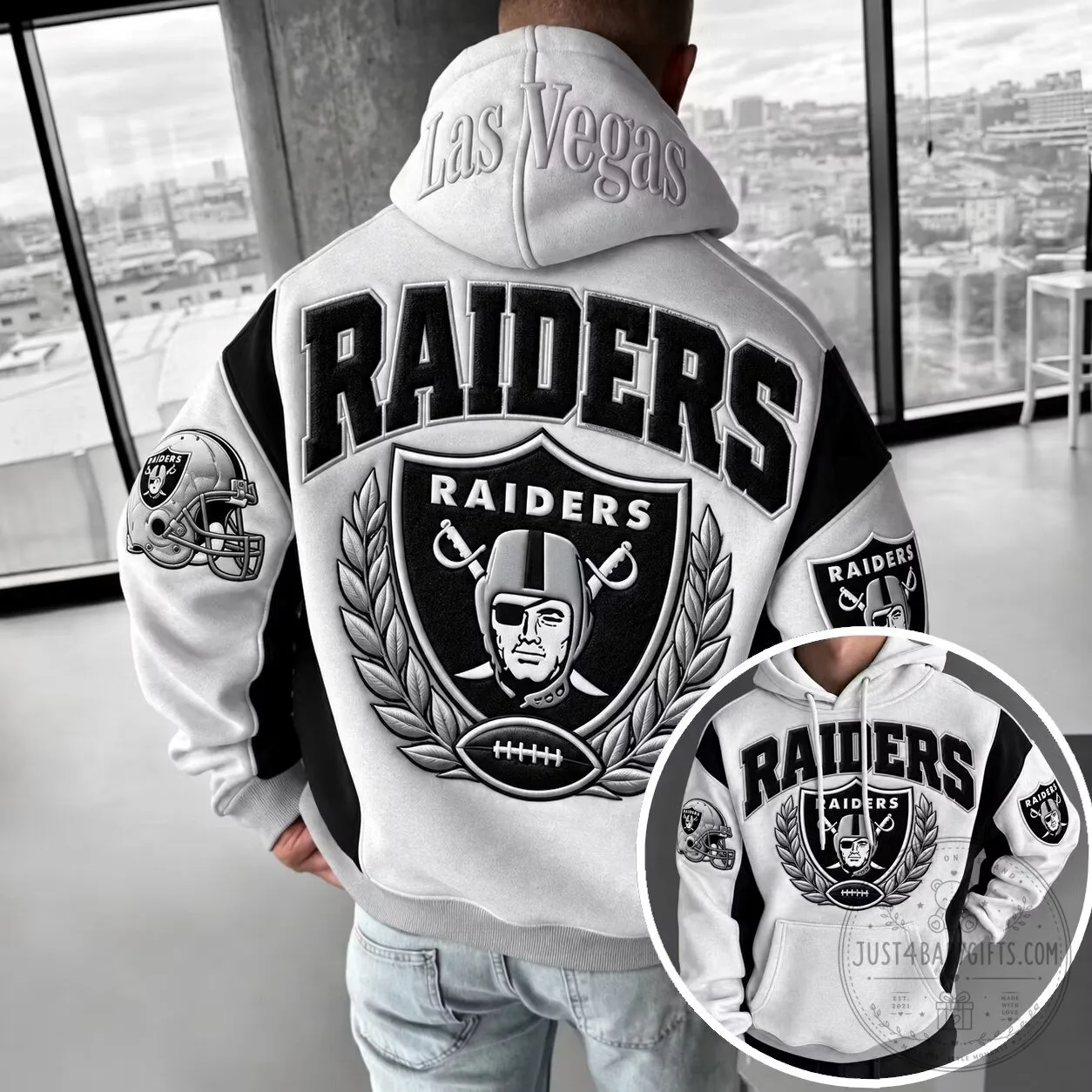 Las Vegas Raiders Football Team Logo White and Black Hoodie for Men