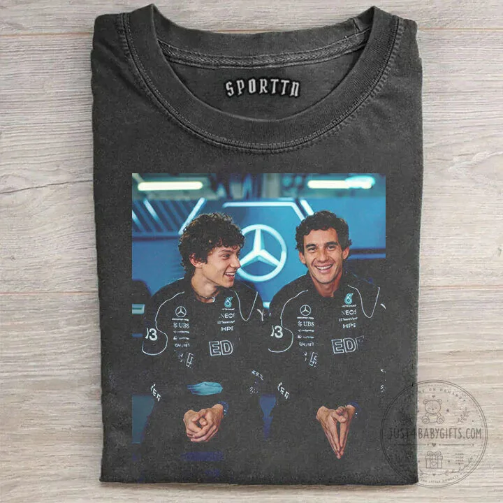 Kimi Antonelli and Ayrton Senna Mercedes AMG Petronas Formula One Team T-Shirt 1 Kimi Antonelli and Ayrton Senna Mercedes AMG Petronas Formula One Team T-Shirt