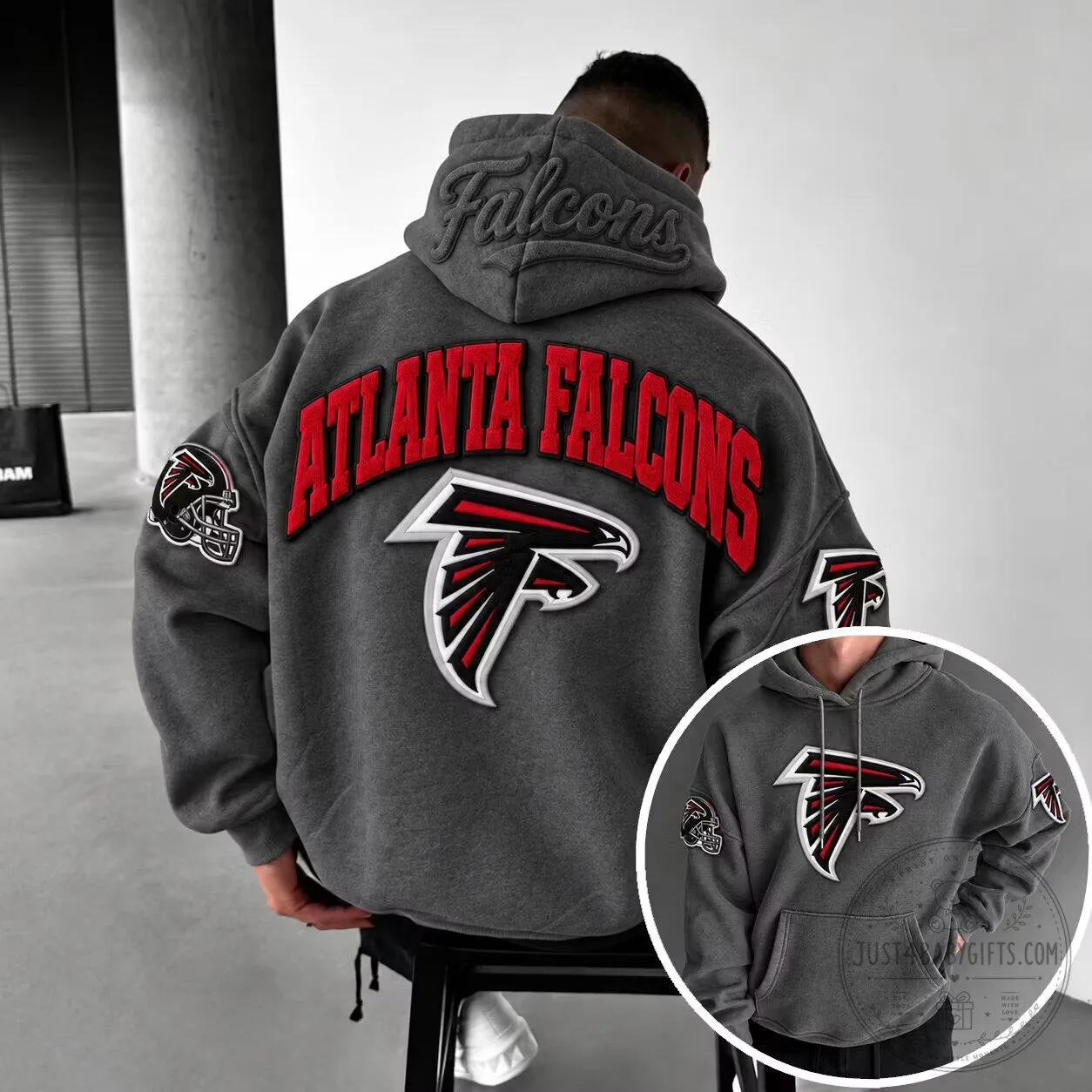 Atlanta Falcons Embroidered Logo Gray Oversized Hoodie