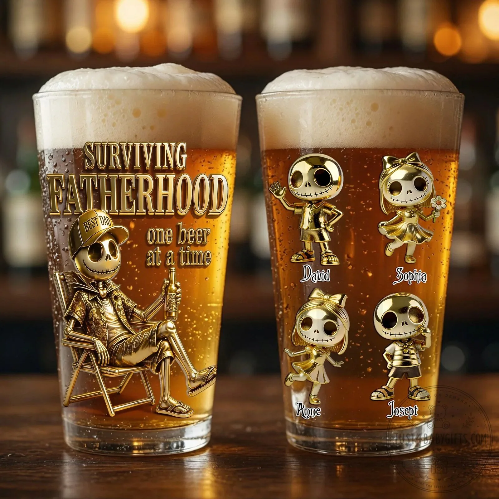 Surviving Fatherhood One Beer At A Time Personalized Skeleton Dad Pint Glass