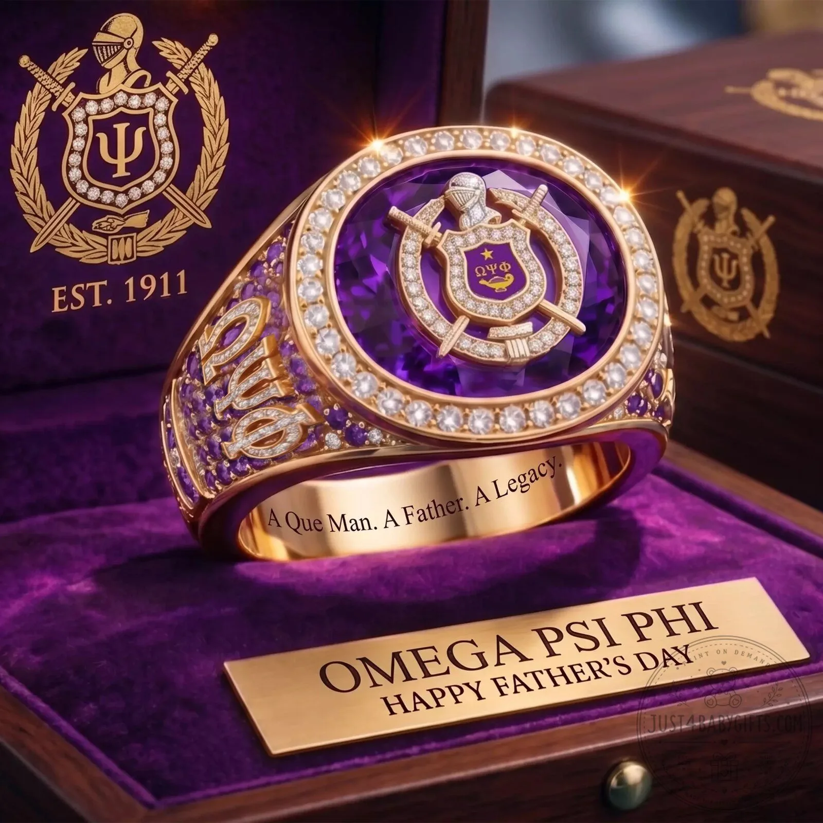 Omega Psi Phi Fraternity Father's Day Gold and Purple Ring