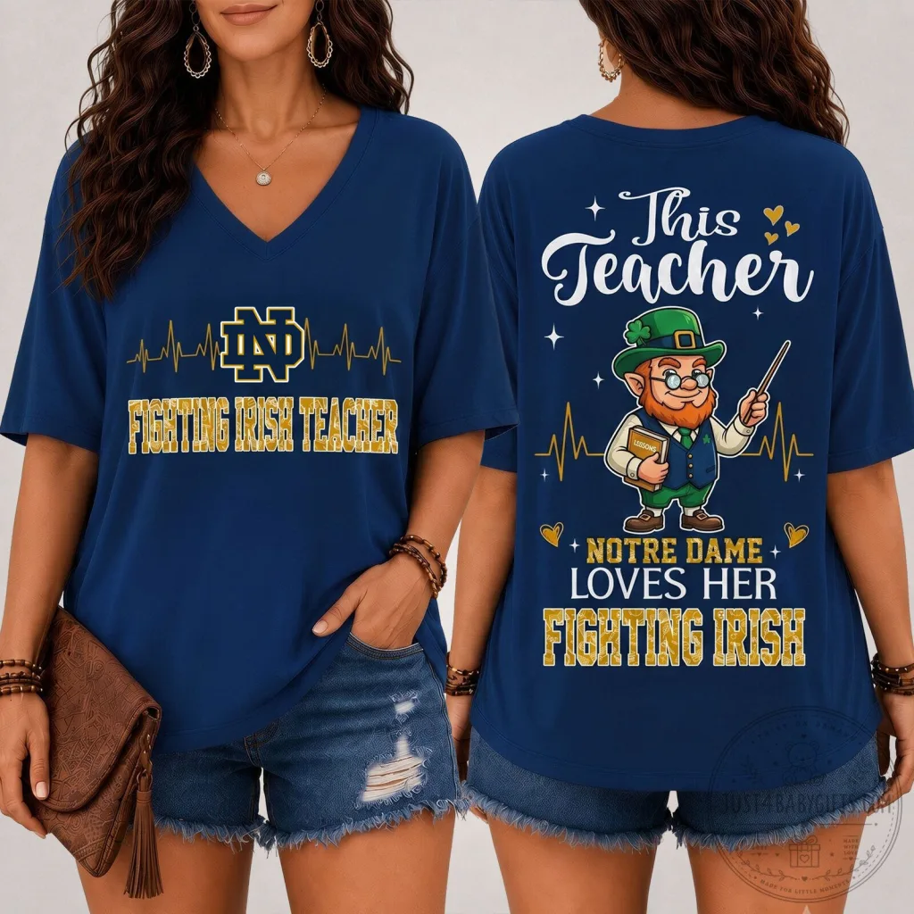 V-Neck T-Shirt Featuring Teacher Love for Notre Dame Fighting Irish Football V-Neck T-Shirt Featuring Teacher Love for Notre Dame Fighting Irish Football