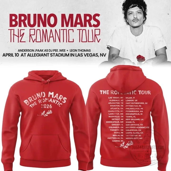 Bruno Mars The Romantic Tour 2026 Concert Dates Red Hoodie