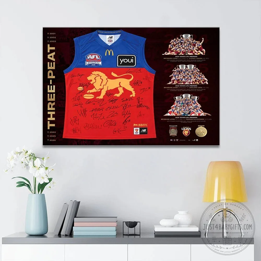 Brisbane Lions AFL Premiers Three-Peat Commemorative Framed Canvas Wall Art
