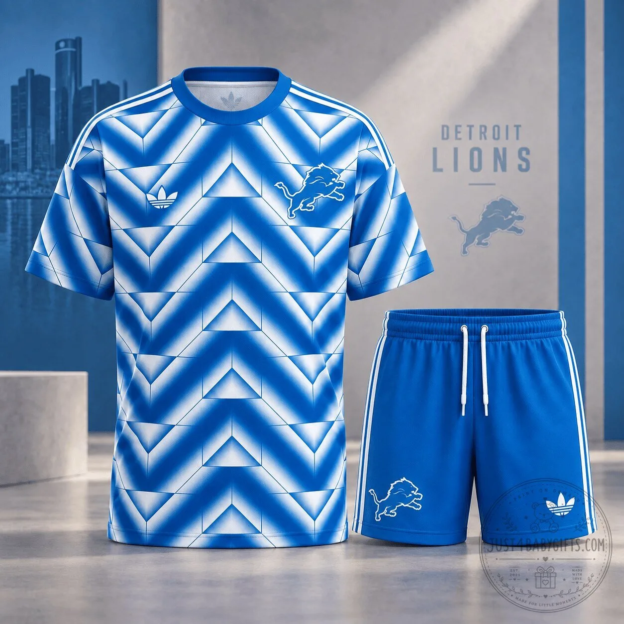 Detroit Lions Blue Geometric Pattern Football Jersey and Shorts Set