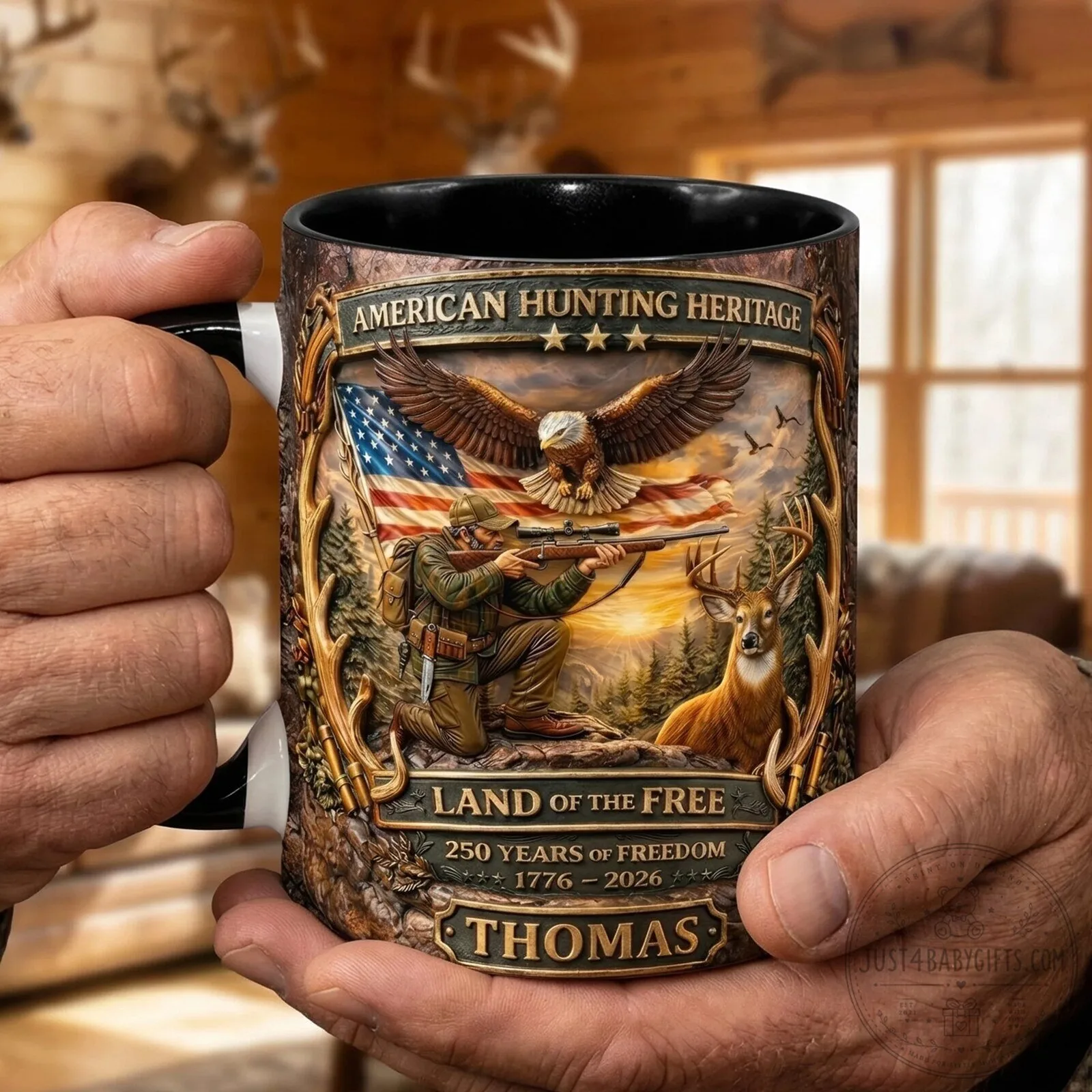American Hunting Heritage Land of the Free Personalized Deer Hunter Coffee Mug