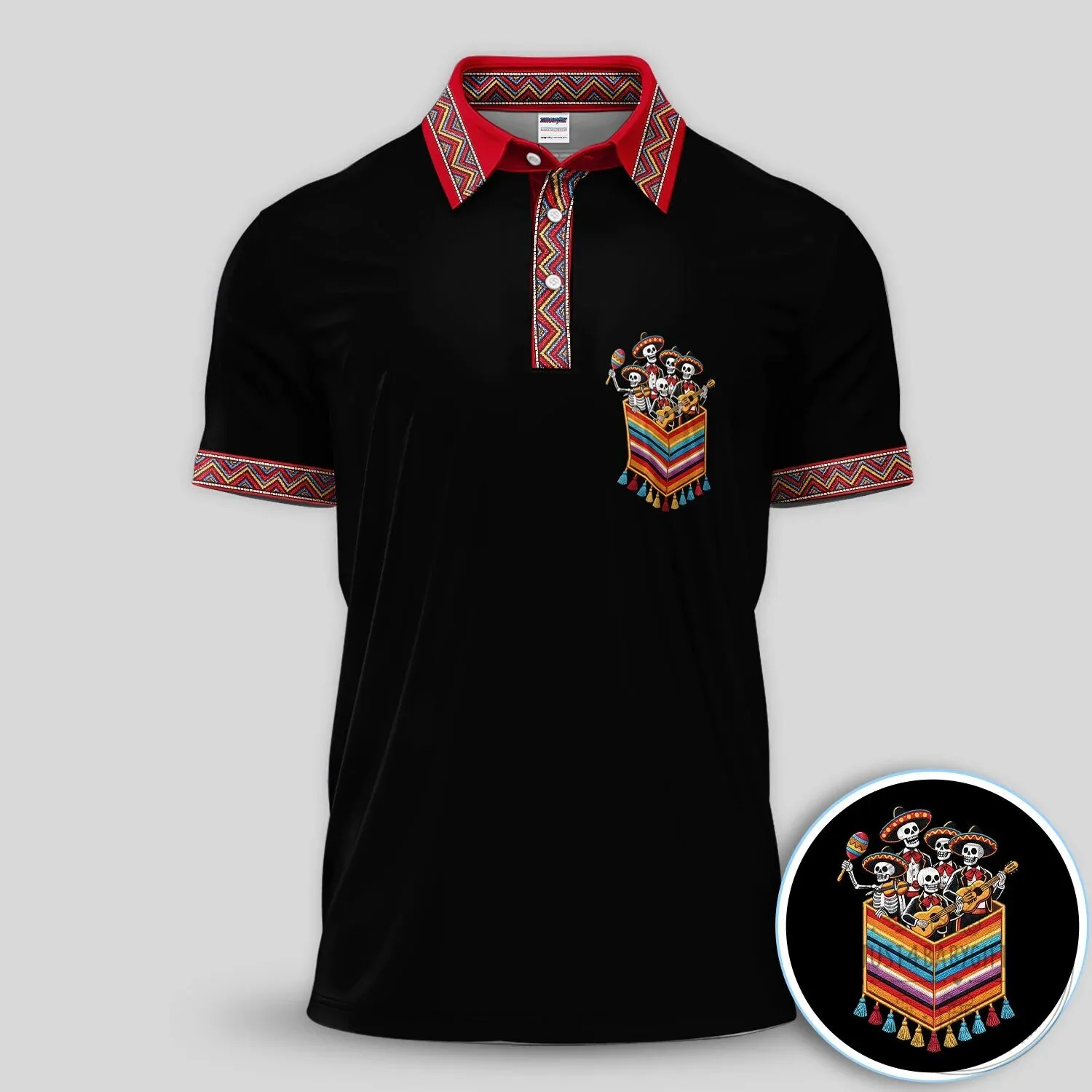 Mariachi Skeletons Fiesta Black Polo Shirt for Men, Cinco de Mayo Golf Apparel